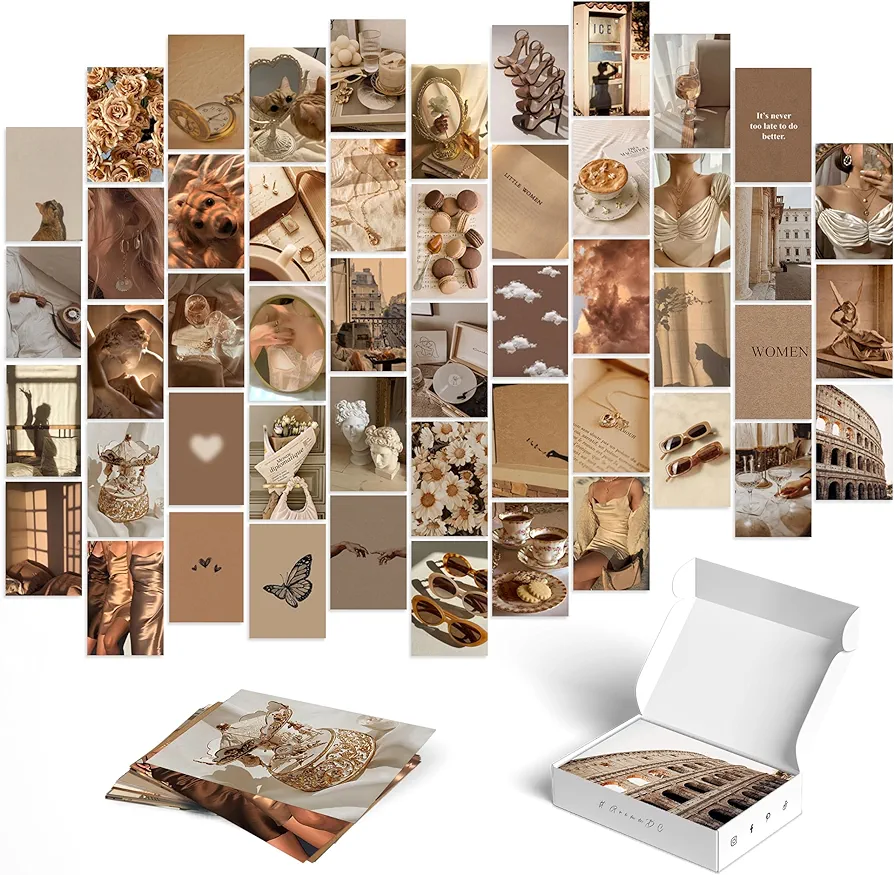 Y2K BOO Beige and Brown Wall Collage Kit - 50 Trendy Aesthetic Photos for Warm and Cozy Spaces, Perfect Room Decor for Teens, 4"x6" Vintage Wall Art for College Dorms and Bedrooms