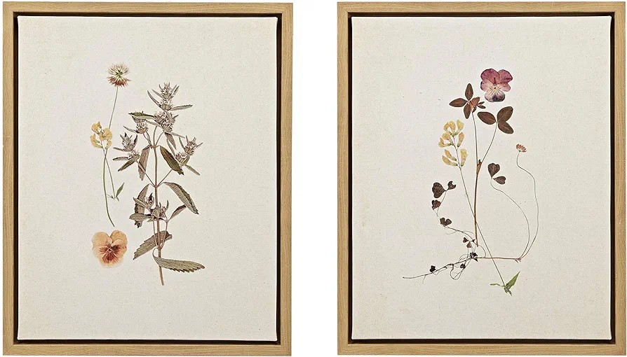 Martha Stewart French Herbarium Wall Art Living Room Decor - Floral Framed Linen Canvas, Home Accent Country Bathroom Decoration, Ready to Hang Painting for Bedroom, 17.84" X 21.84", Multi