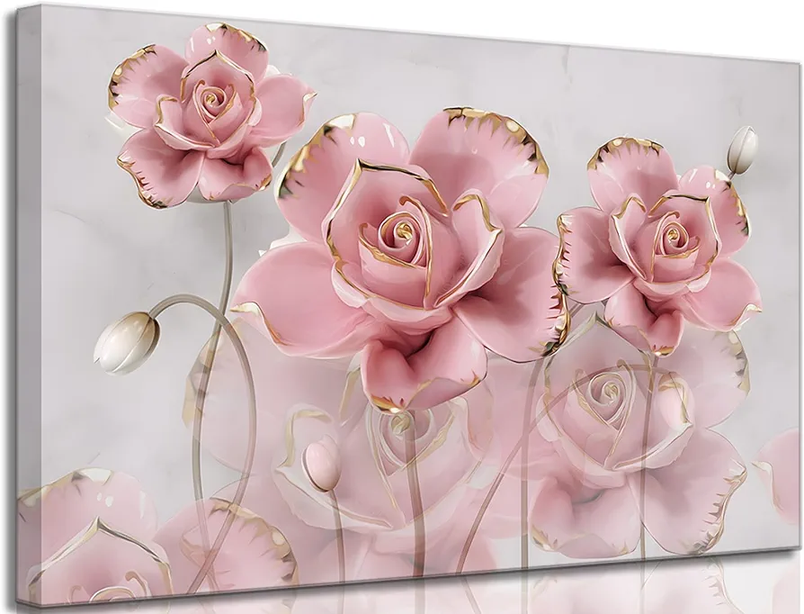 Framed Modern Delicate Pink Gold Roses Canvas Wall art Flower Reflecting In Grey Marble Picture Wall Decor Poster Print Artwork for Living Room Bedroom Woman Room Home Decoration