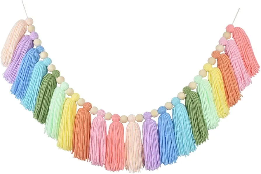 DrCor Pastel Yarn Tassel Garland Colorful Preppy Rainbow Bunting Banner String for Classroom Back to School Nursery Bedroom Wall Window Party Baby Shower Decor