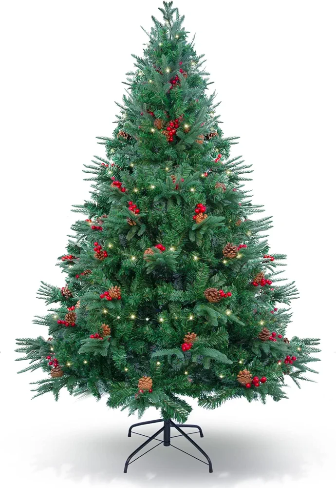 Himaly Unlit 6ft Artificial Christmas Tree, Premium Hinged Fir Christmas Tree, Easy Assembly with Metal Stand, Xmas Décor for Indoor and Outdoor,with PVC+PE+Pine Cone+Red Fruit (6ft)