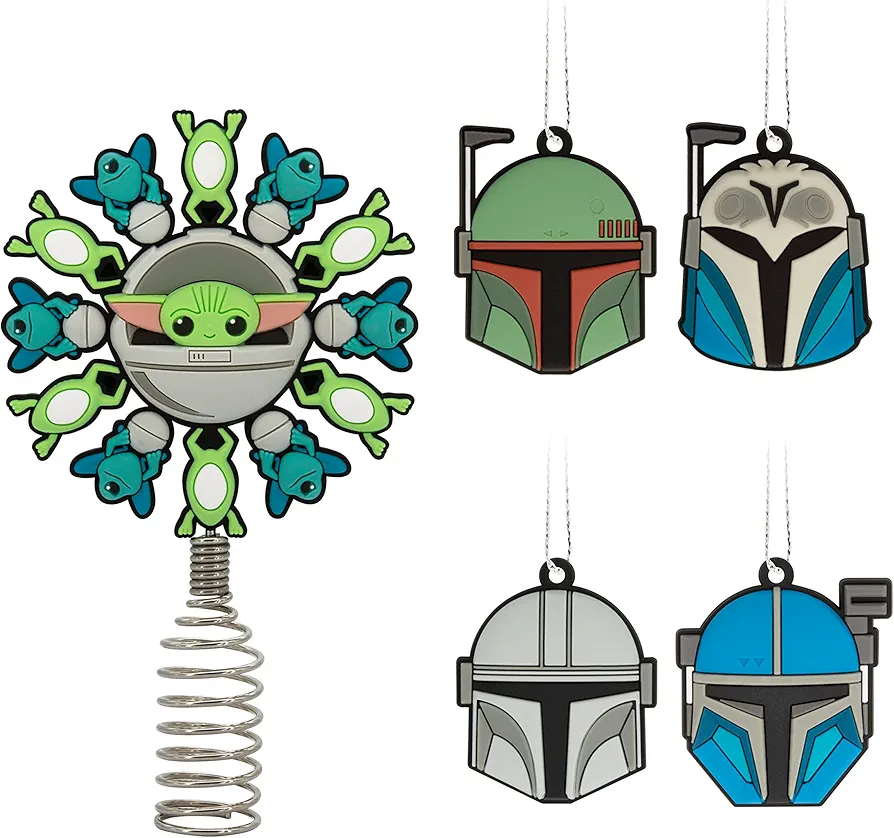 Hallmark Star Wars: The Mandalorian 5" Miniature Christmas Tree Topper and 1.7" Mini Ornaments, Set of 5 Shatterproof Ornaments, May The 4th