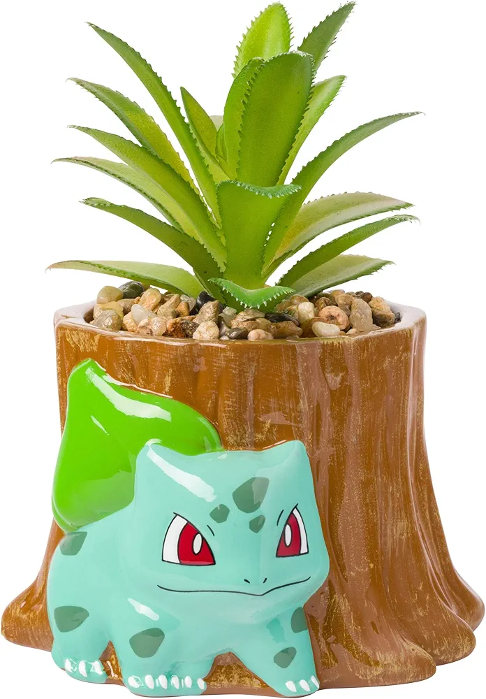 Silver Buffalo Pokemon Bulbasaur Tree Stump Mini Decorative Artificial Faux Greenery Plant in Ceramic