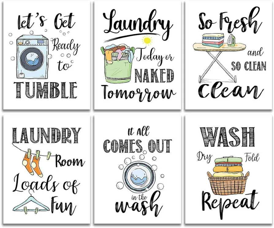 Funny Laundry Rules Sign Painting, Creative Laundry Saying Art Prints (8”X10”,Unframed), Set of 6, Funny Modern Minimalist Wall Art Poster For Laundromat Wash Room Decor