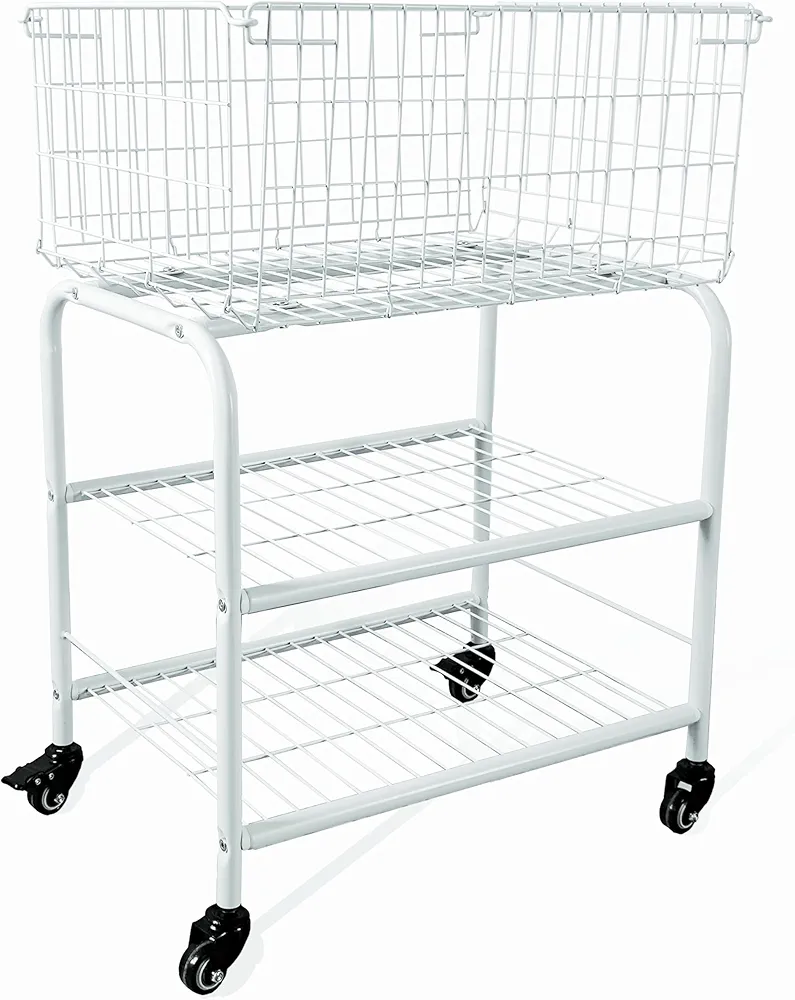 Rolling Laundry Basket on Wheels,Metal basket for laundry room organizer,Garment laundry and dry use,Removable Rolling cart,Color white (White)