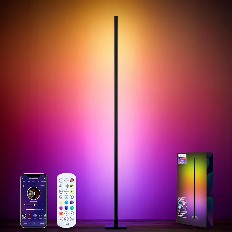 ibaye Corner Floor Lamp, Smart LED Corner Lamp, DIY Scene Mode,Music Sync, RGB Color Changing Floor Lamp with App and Remote Control, Standing Lamp for Living Room, Bedroom, Gaming Room, Black