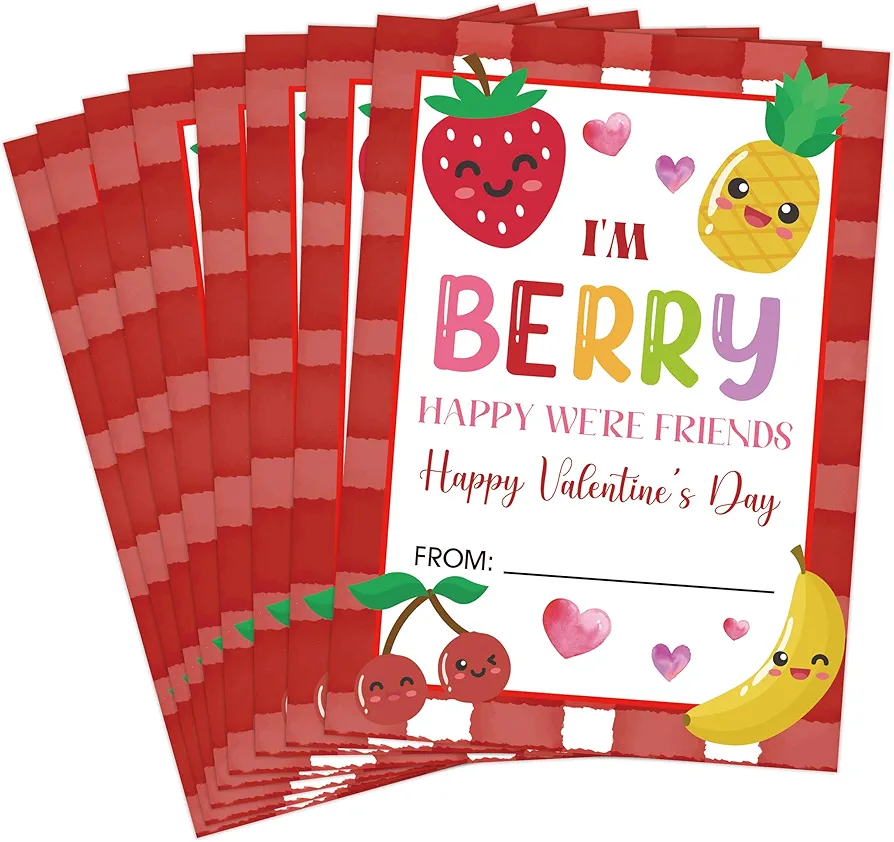 30 Greetings Valentine's Day Cards - Valentine's Day Fruit Snack Tag, Classroom Valentine's Day Cards for Kids, Gender Neutral Party Supplies (C04)