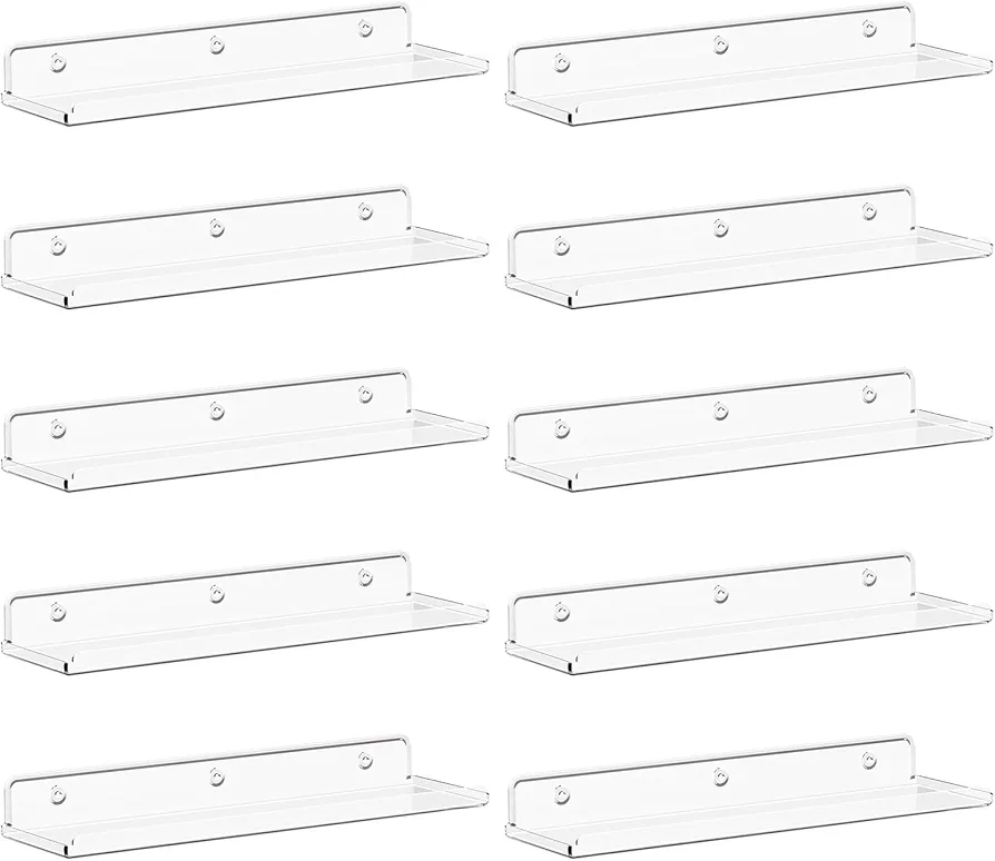 Lifewit Floating Shelves for Wall, 10 Pack Clear Acrylic Shelf 15" Room Decor for Bookcase/Vinyl Record Display/Photo/Picture in Bedroom, Living Room, Bathroom, Kitchen Storage and Organization