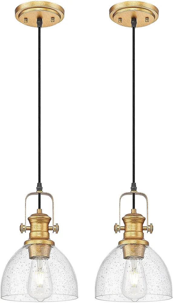 Pendant Lights Kitchen Island 2 Pack, Farmhouse Pendant Lighting with Clear Seeded Glass Shade, Vintage Hanging Light Fixtures for Dining Room, Gold Wood Paint Finish, AD-22151-1P2