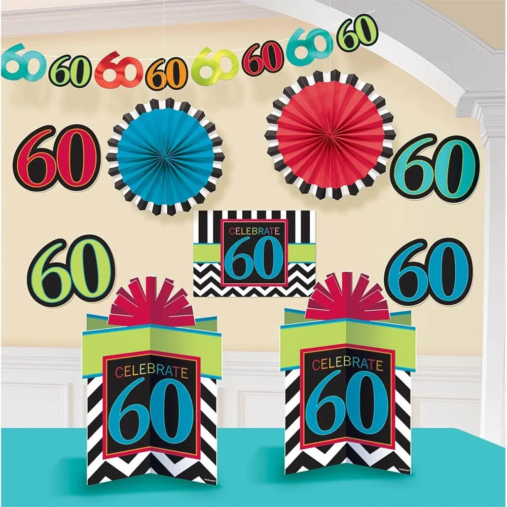 The Party Continuous 60th Birthday Party Assorted Room Decorating Kit , Pack of 10, Multi , 10.5" X 2.6" foil