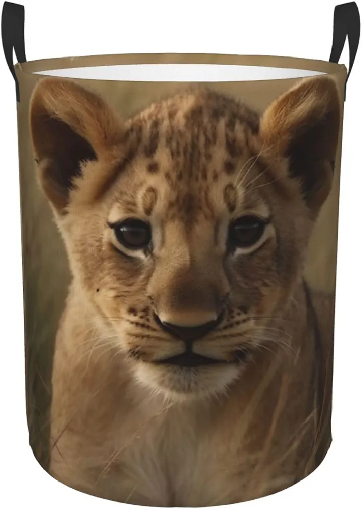 The Waiting Lion Cub Print Laundry Basket Circular Laundry Hamper with Handles Waterproof Circular Hamper Dirty Clothes Basket Portable Storage Bin for Home Organizer Living Room Bathroom Car Medium