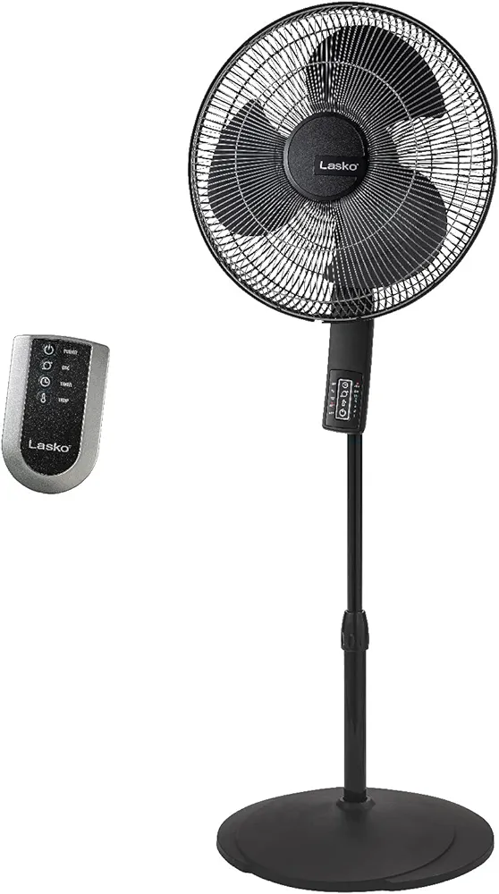 Lasko Oscillating Pedestal Fan, Thermostat, Adjustable Height, Remote Control, Timer, 4 Speeds, for Bedroom, Living Room, Office & Dorm, 16", Black, S16612