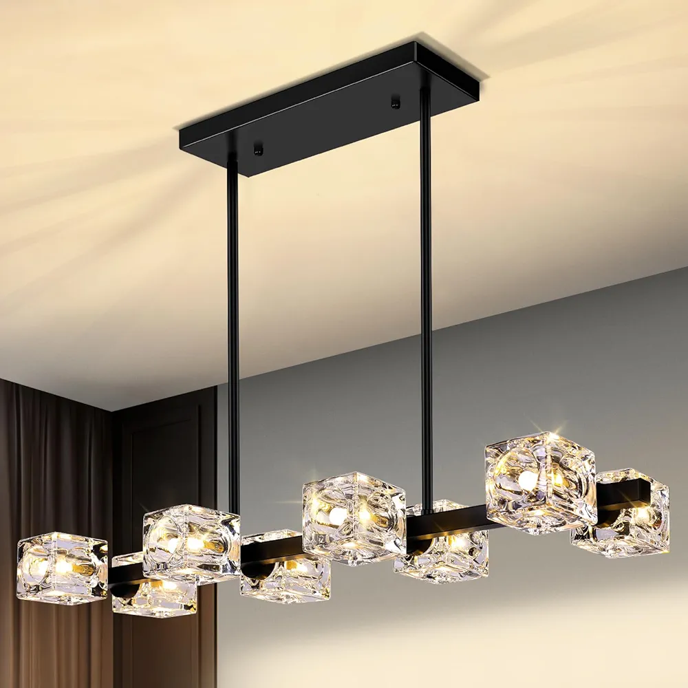 Black Chandeliers for Dining Room, Modern Crystal Pendant Lights Fixture with Cube Shade, 8-Lights Farmhouse Hanging Dining Light Fixtures Over Table for Kitchen Island, Living Room, Bedroom (G9 Base)