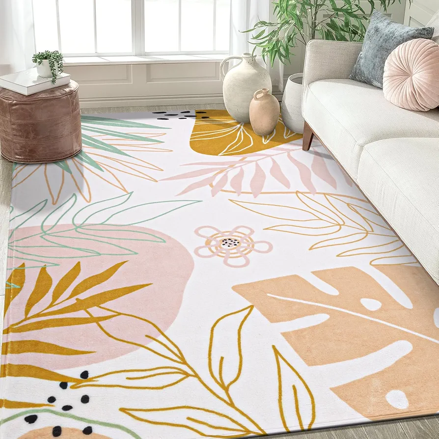 Washable Area Rug 5x7 Non-Slip Pink Boho Rug for Bedroom Cute Soft Throw Kids Nursery Rug, Low Pile Abstract Plant Print Soft Floor Carpet for Bedroom Nursery Classroom Living Room