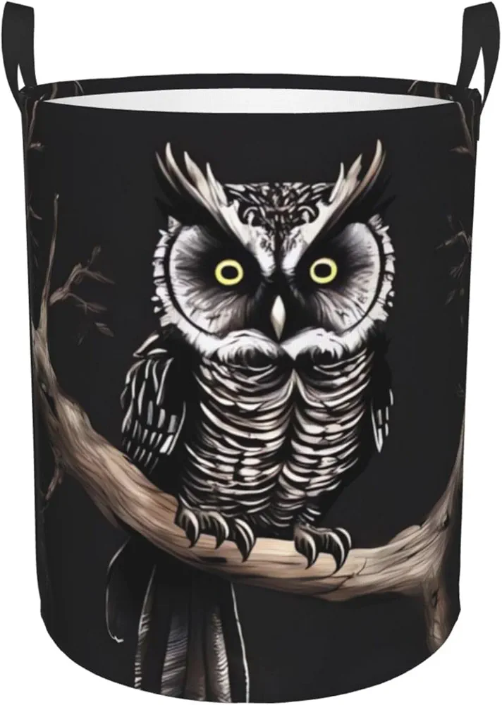 Late Night Owl Print Laundry Basket Circular Laundry Hamper with Handles Waterproof Circular Hamper Dirty Clothes Basket Portable Storage Bin for Home Organizer Living Room Bathroom Car Small