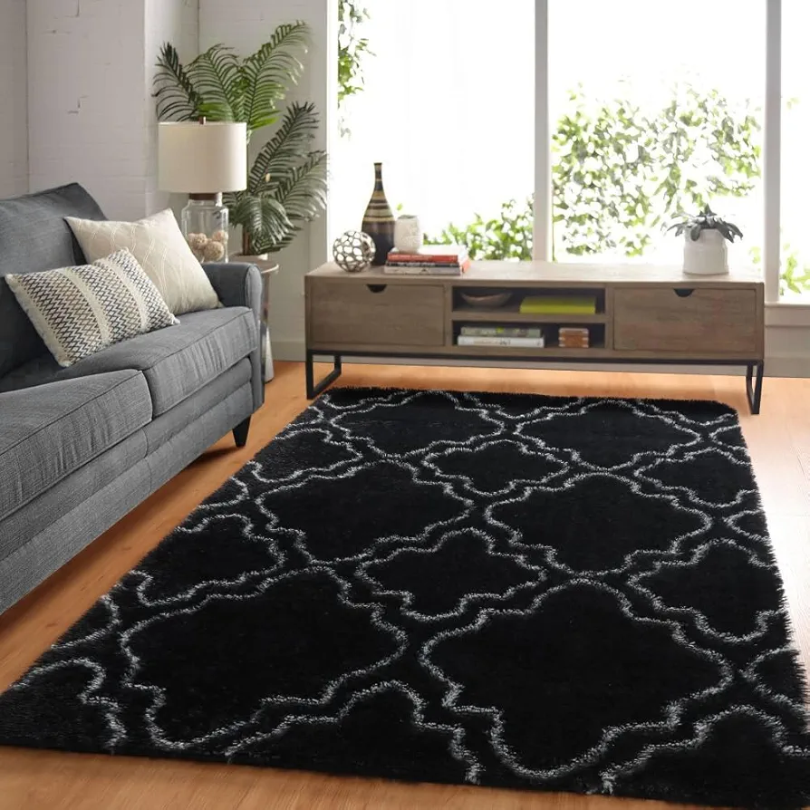 PAGISOFE 4x6 Shag Geometric Rugs for Bedroom, Fluffy Fuzzy Shaggy Kids Carpet Soft Plush Furry Nursery Rug, Modern Black Fur Rugs for Kids room Bedroom Office Dorm Decor Black and White Rugs Alfombra