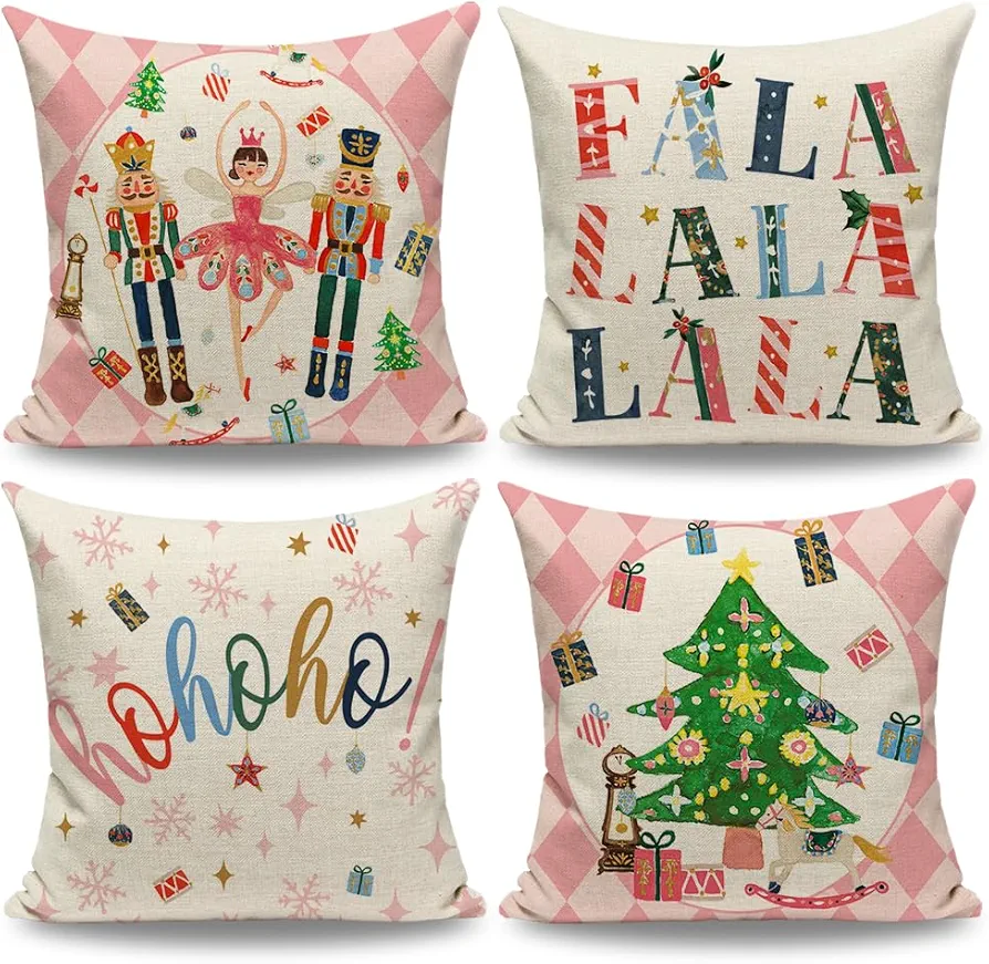 Merry Christmas Nutcracker Decor Pink Throw Pillow Covers 16x16 Set of 4 Light Pink Nutcracker Christmas Decorations for Living Room Couch and Sofa (No Pillow Inserts)