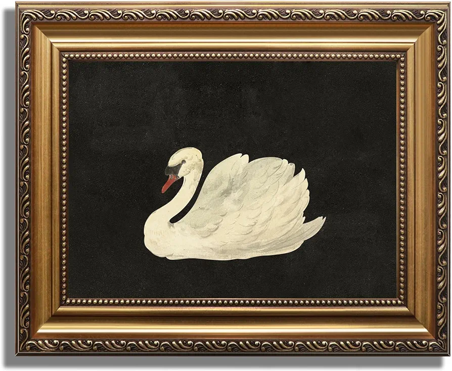 KBKBART Vintage Framed Wall Art for Living Room, White Swan Vintage Painting Canvas Wall Art Prints for Bathroom Wall Decor, Classical Gold Framed Animal Vintage Wall Decor Aesthetic for Bedroom, 9’’x12’’