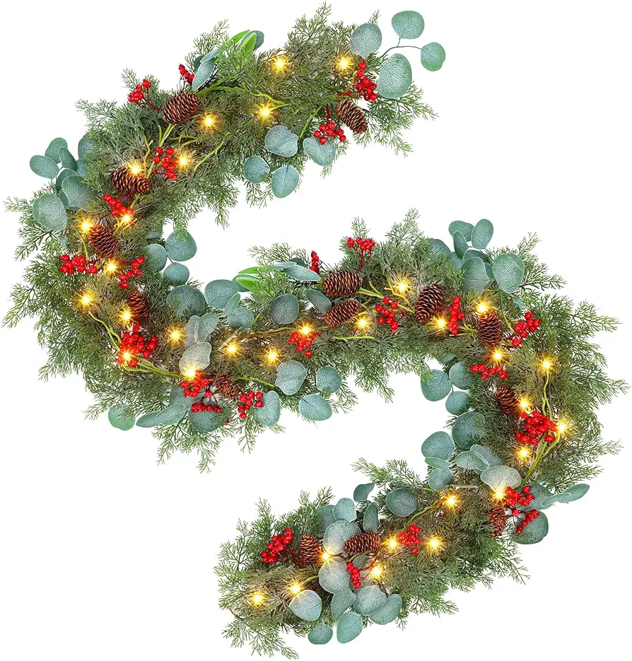 9 Feet Artificial Pine Cypress Garland Greenery Garland Eucalyptus Garland with Lights Berry Garland Pre Lit Pine Cypress Cedar Garland for Mantel Wall Room Winter Indoor Outdoor