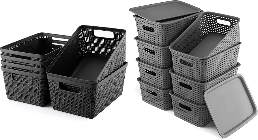 Open Plastic Storage Basket 6 Packs and Storage Bins with Lids 8 Packs, Storage Container for Organizing Shelves Desktop Closet Playroom Classroom Office, Black and Grey