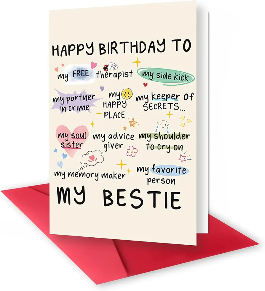 Ziwenhu Funny Bestie Birthday Card, Heart Birthday Card for Women Her, Friendship Bestie Birthday Card, Sweet Best Friend Birthday Card for Bestie Sister