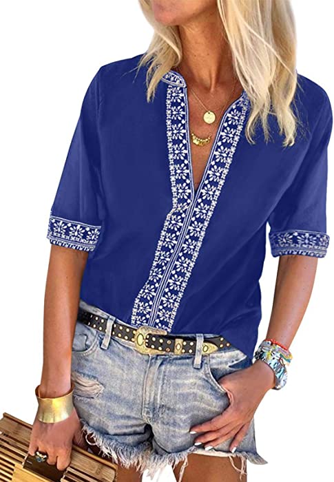 Chase Secret Womens Casual V Neck Shirt Boho Embroidered Print Short/Long Sleeve Tops Loose Blouse (S-XXL)