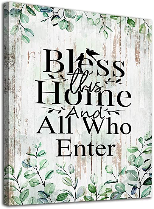 Home Decor Canvas Wall Art for Living Room Wall Decor Bless This Home and All Who Enter Canvas Art Green Rustic Farmhouse Family Canvas Pictures Wall Sign Decorations Framed Ready to Hang 12" x 16"