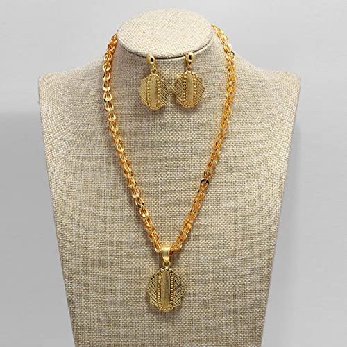 Dubai Jewelry Sets for Women Gold Color Ethiopian Pendant Necklaces Earrings Middle Eastern Arab African Wedding Jewelery