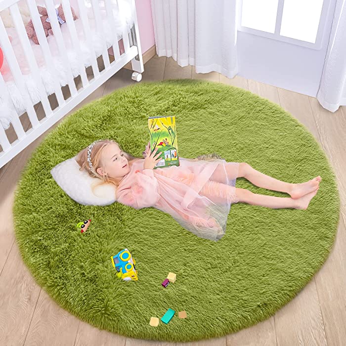 junovo Round Fluffy Soft Area Rugs for Kids Girls Room Princess Castle Plush Shaggy Carpet Cute Circle Nursery Rug for Kids Baby Girls Bedroom Living Room Home Decor Circular Carpet, 6ft Green