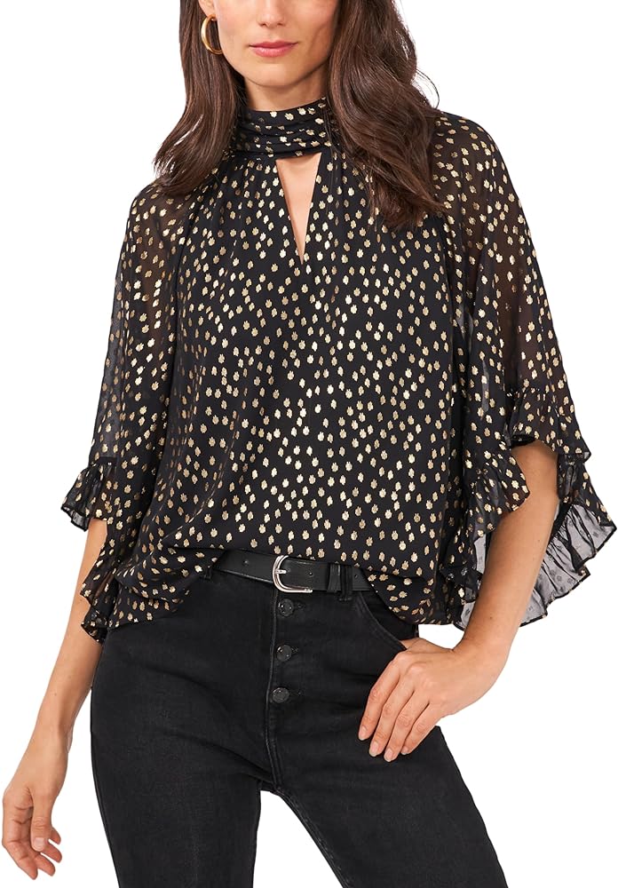 Vince Camuto Foiled Flutter Sleeve Keyhole Blouse