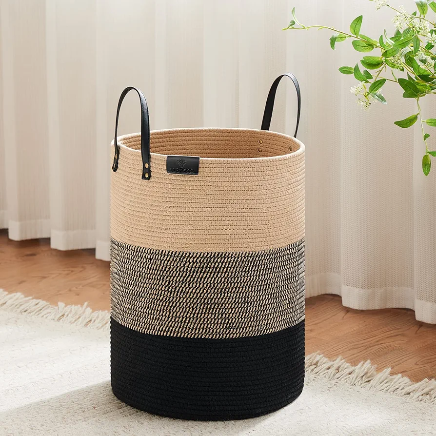 VIPOSCO Small Laundry Basket, Slim Baby Hamper with Leather Handle, Cute Woven Rope Storage Basket for Blanket, Kids Toy, Clothes In Living Room, Bathroom, Bedroom, Nursery Room - 30L Brown & Black