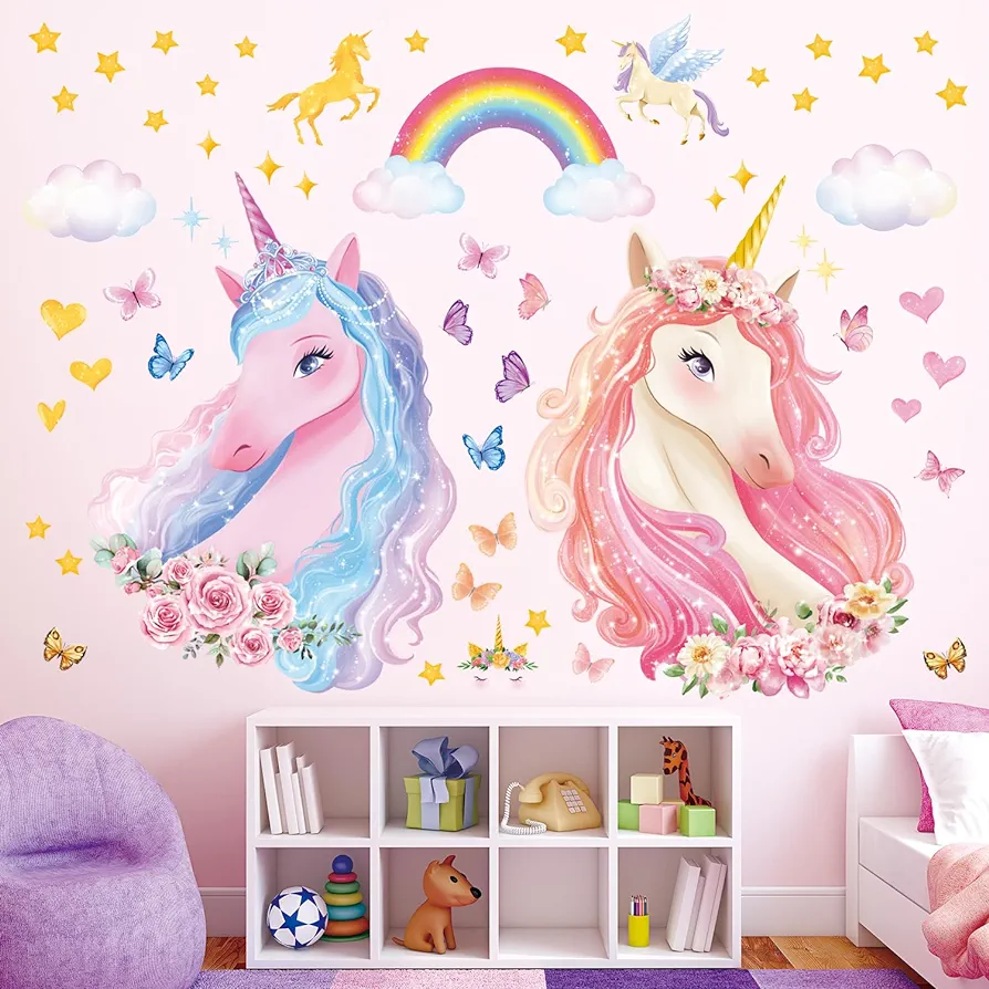 DECOWALL SG2-2322 Beautiful Unicorn Wall Stickers Unicorns Rainbow Stars Butterfly Wall Decals for Kids Girls Baby Room for Nursery Bedroom Living Room Decor Art Birthday Removable