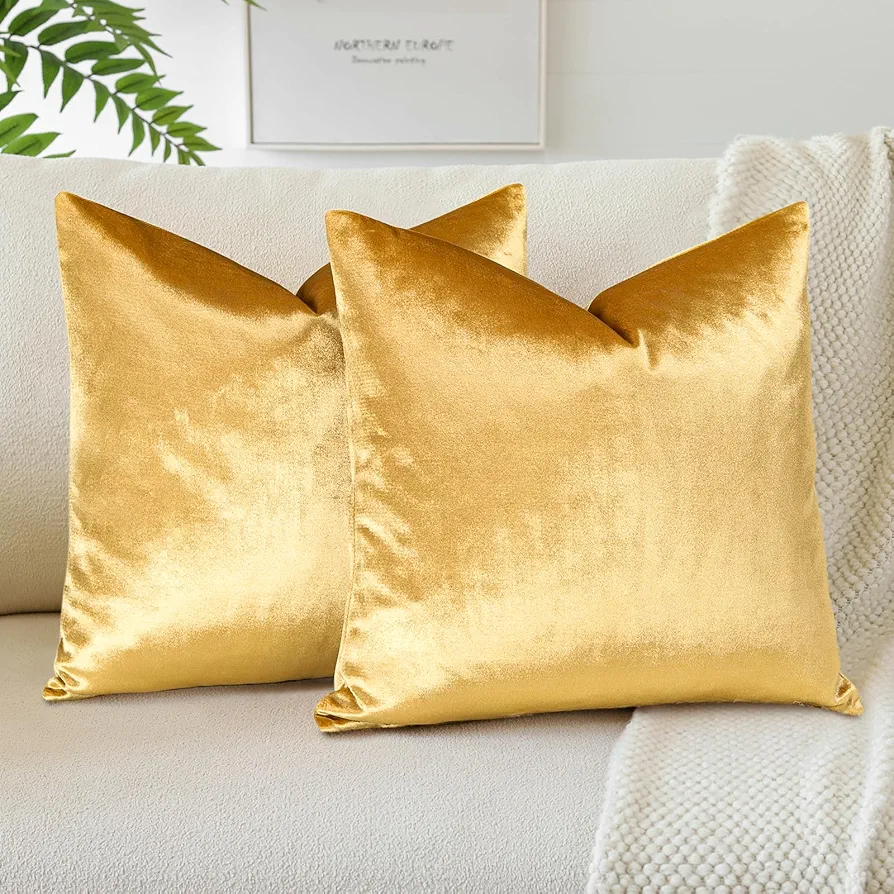 OTOSTAR Pack of 2 Velvet Soft Decorative Throw Pillow Covers Solid Square Cushion Case Home Decor Pillow Covers for Couch Sofa Bedroom Living Room Decorative Pillowcases 20 x 20 Inch (Gold)