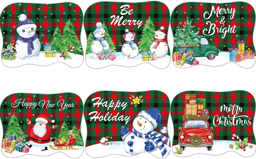 Christmas Plastic Placemats Set of 6 Xmas Holiday Placemats for Dining Table, Christmas Place Mats Winter Snowman Red Buffalo Plaid Truck Table Decor for Kitchen Dining Room Home 12.5x16.5 Inch