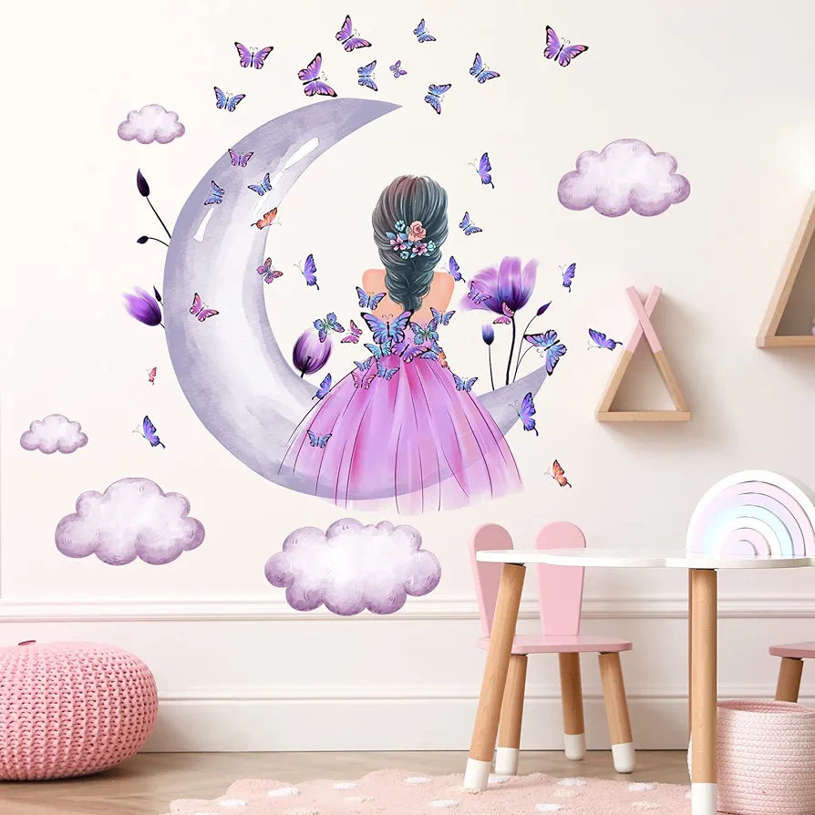 Baby Girl Wall Decals Purple Flower Butterfly Wall Sticker Moon Cloud Wall Decal Colorful Butterflies Wall Stickers Princess Room Decor for Girls Nursery Bedroom Playroom