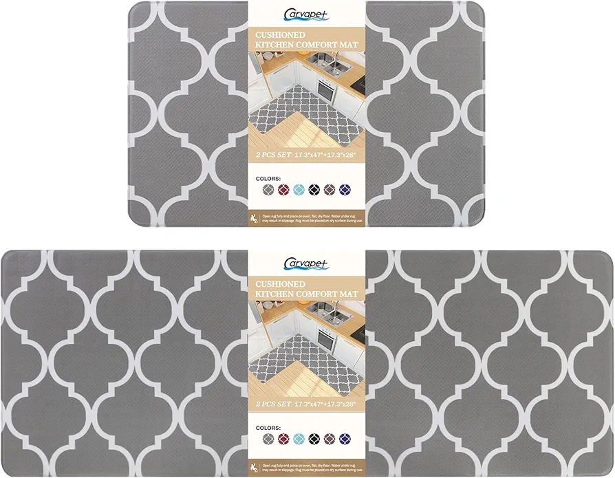 Carvapet Moroccan Trellis Kitchen Mat 2 PCS Cushioned Anti-Fatigue Kitchen Rug Waterproof Non-Slip Rugs PVC Ergonomic Comfort Standing Foam Mats for Office Laundry, Grey, 17.3''x27.5''+17.3''x47.2''