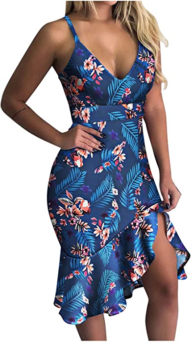 iDWZA Women Summer V-neck Sleeveless Printed Color Casual Ruffle Dress