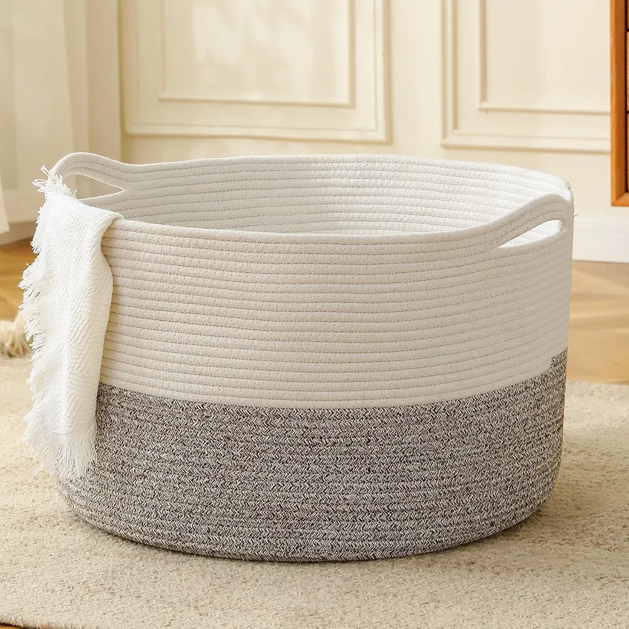 Extra Large Laundry Basket,21.7'' x 13.8'' Cotton Rope Basket for Living Room,Woven Storage Basket for Organizing,Toy Basket with Handle - White & Brown