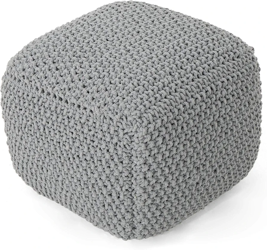 Christopher Knight Home Teresa Knitted Cotton Square Pouf, Light Grey