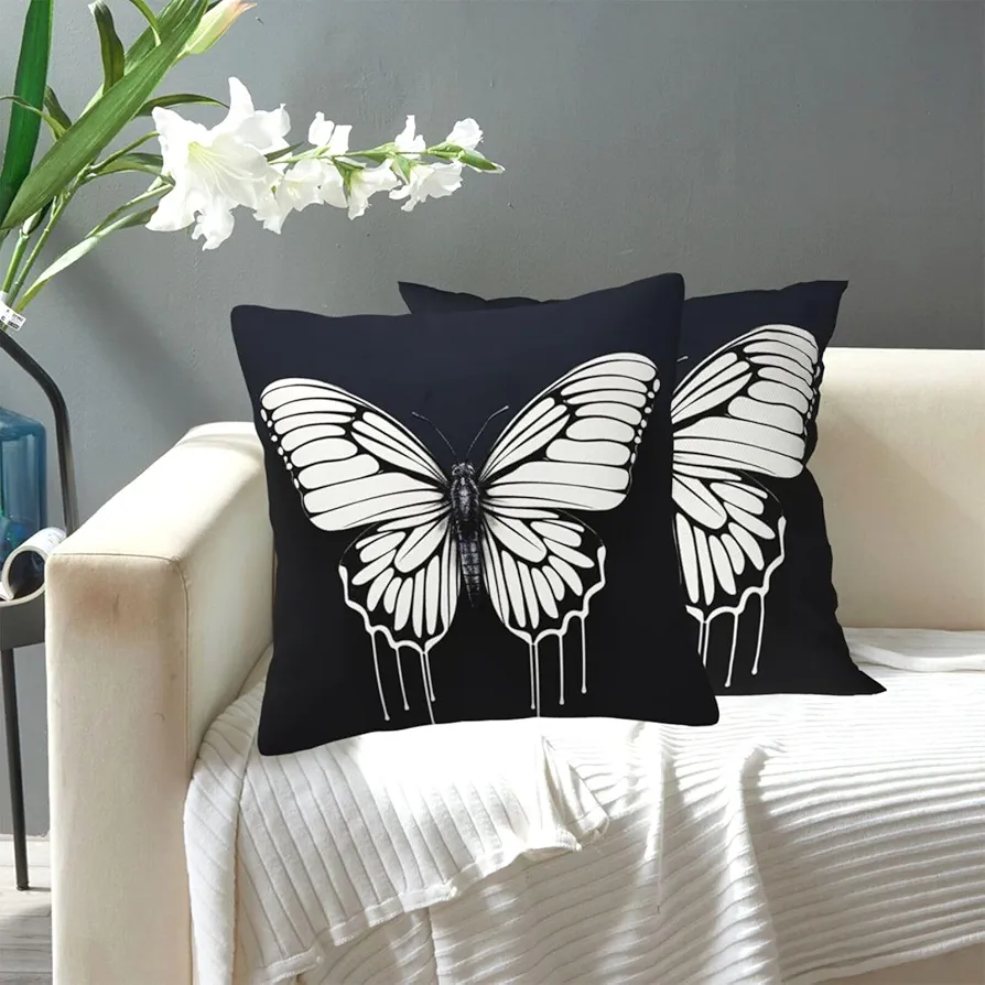 Decorative Throw Pillow Covers Set of 2, 18"x18" Square Cushion Case Soft Comfy A Black and White Butterfly Throw Pillows for Couch Cushion Livingroom Farmhouse Home Decor Pillowcases