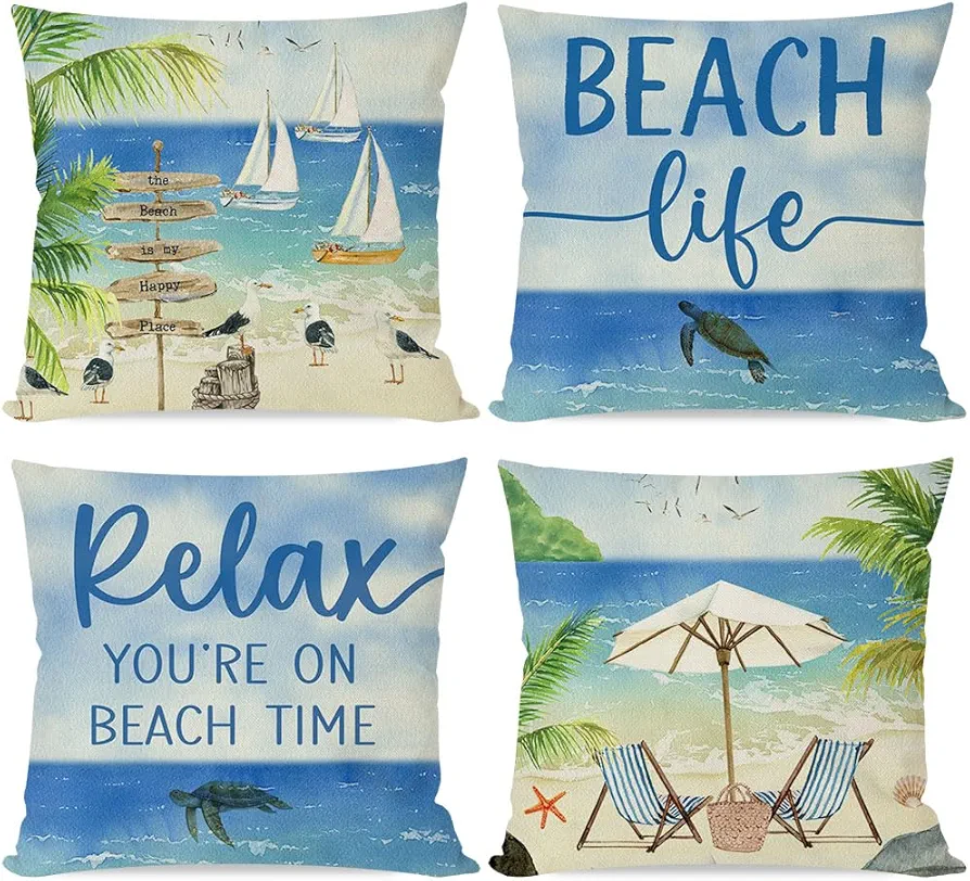 Summer Beach Life Throw Pillow Covers 18x18 Inch Relax Nautical Ocean Sea Coastal Outdoor Decorations Decorative Throw Pillows Cases Set of 4 for Beach House Bed Living Room Couch Sofa Decor