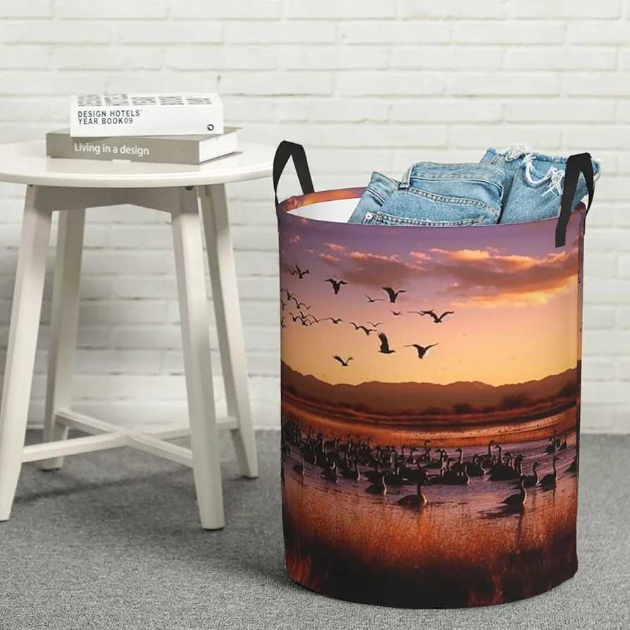 Laundry Basket Waterproof Laundry Hamper With Handles Dirty Clothes Organizer Wildlife Refuge Print Protable Foldable Storage Bin Circular Storage Bag For Living Room Bedroom Playroom