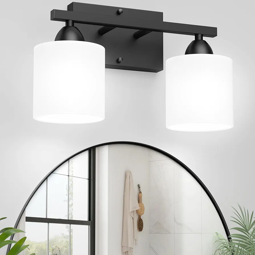 Black Bathroom Lights Over Mirror, Anti-rust Vanity Light Fixture for Bathroom, Modern 2-Light Wall Sconce Light for Living Room, Standard E26 Base, Milky White Glass Shades, Bulbs Not Included