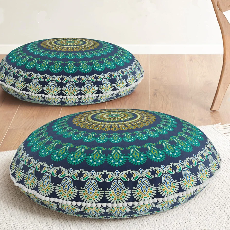 Codi Meditation Floor Pillow Set of 2, Round Large Pillows Seating for Adults, Bohemian Mandala Circle Cushions for Outdoor Fireplace Yoga Living Room, 32 Inch, Memory Foam Added, Green