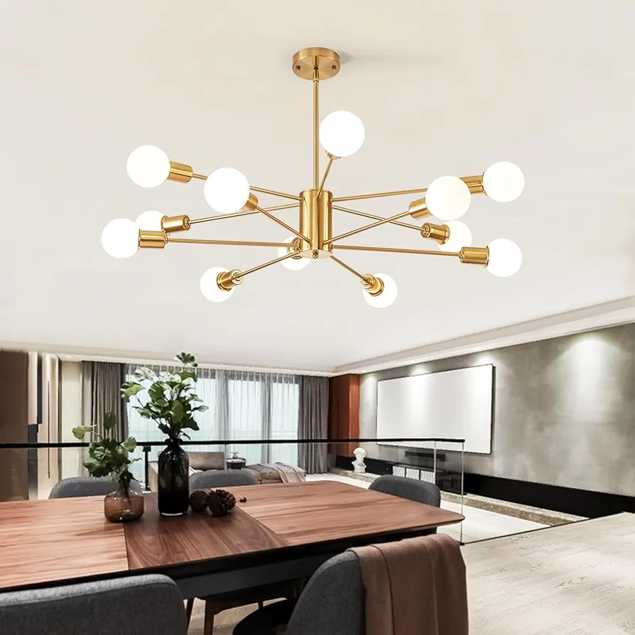 12 lights gold chandelie，High Ceiling dining room lights，Golden dining room light fixture，Modern living room light，Large chandelier for high ceilings，Island Kitchen modern chandeliers for dining room