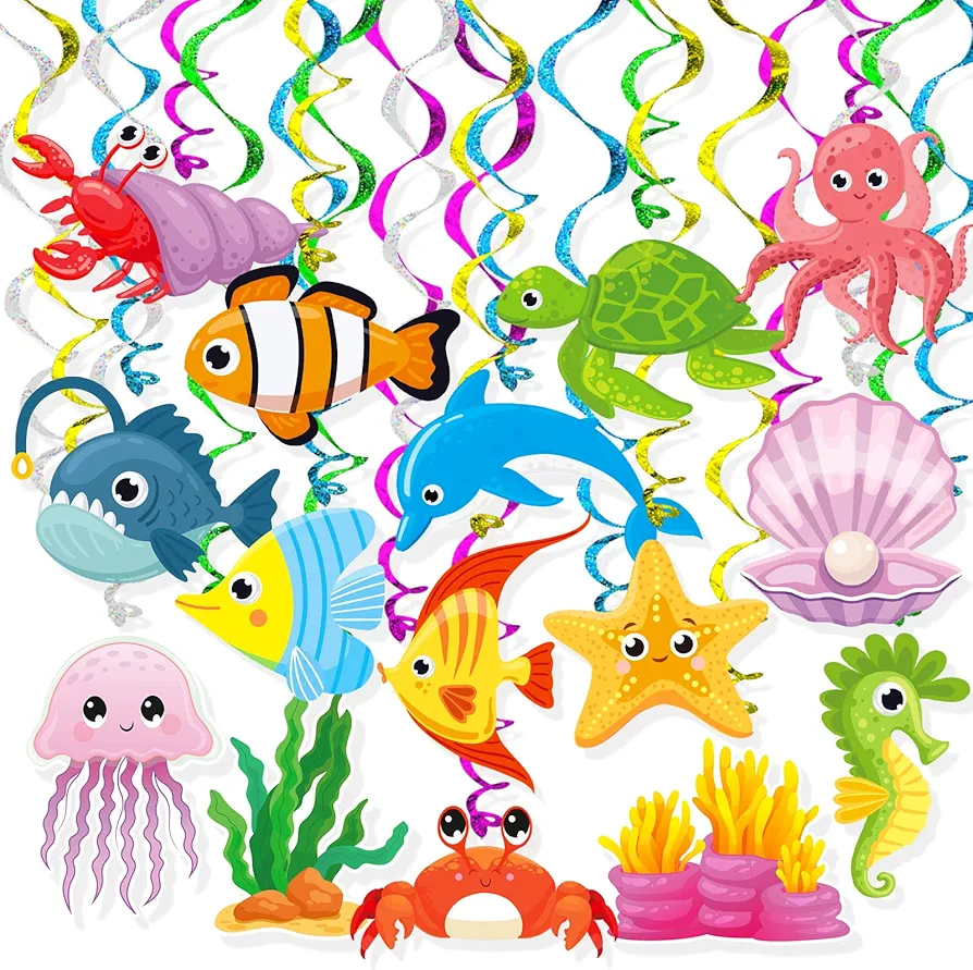 Sea Animals Life Hanging Swirls 30 Pack Foil Ceiling Hanging Swirls Streams Banner Garland Decor for Kids Under The Sea Mermaid Baby Shower Celebrating Events Birthday Party Supplies Room Wall Decor