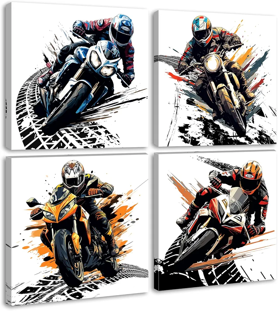 Motorcycle Wall Art Boys Room Decor Graffiti Motocross Posters Motorcycle Canvas Prints Pictures for Mens Cave Dirt Bike Lovers Bedroom Game Room Decoration Framed and Ready to Hang 12"×12" × 4 Pcs