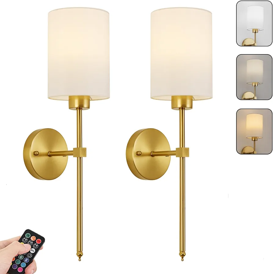 Battery Operated Wall Sconces Set of Two, with Remote Control, Dimmable, Warm White/Natural White/Daylight/RGB, Wireless Rechargeable Wall Light for Living Room, Bedroom, Entryway, Gold