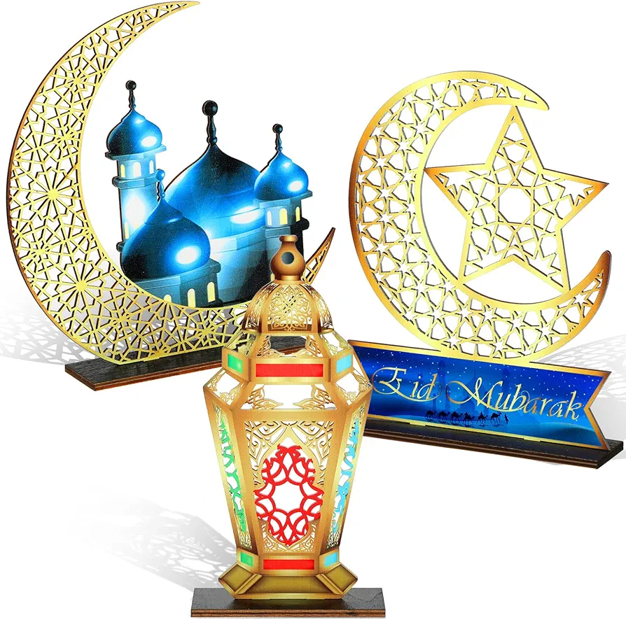 3 Pieces Eid Mubarak Table Decorations Wooden Centerpiece Signs, Eid Ramadan Kareem Table Top Centerpieces Wooden Candy Day for Eid Ramadan Muslims Dinner Coffee Table Topper Tier Tray Room Decor