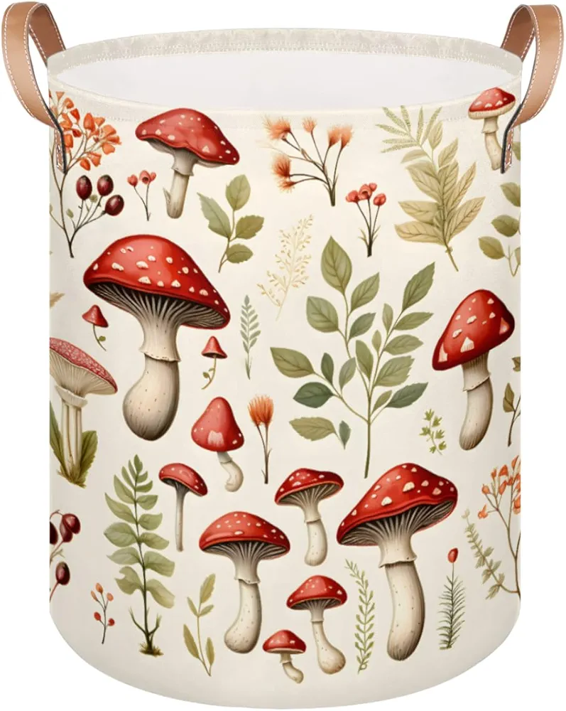 Laundry Basket with Handles, Collapsible Laundry Hamper, Watercolor Mushroom Waterproof Round Storage Basket for Blanket Towels, Dirty Clothes in Living Room Bathroom, Wild Plant Botanical